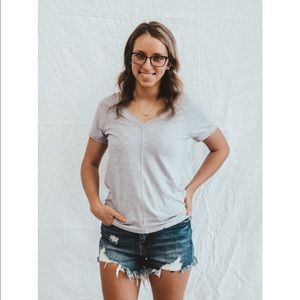 Bobi Double V-Neck Rib Mix Tee Sz XS-M